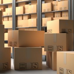 Cardboard boxes on warehouse storage shelves background. 3d illustration